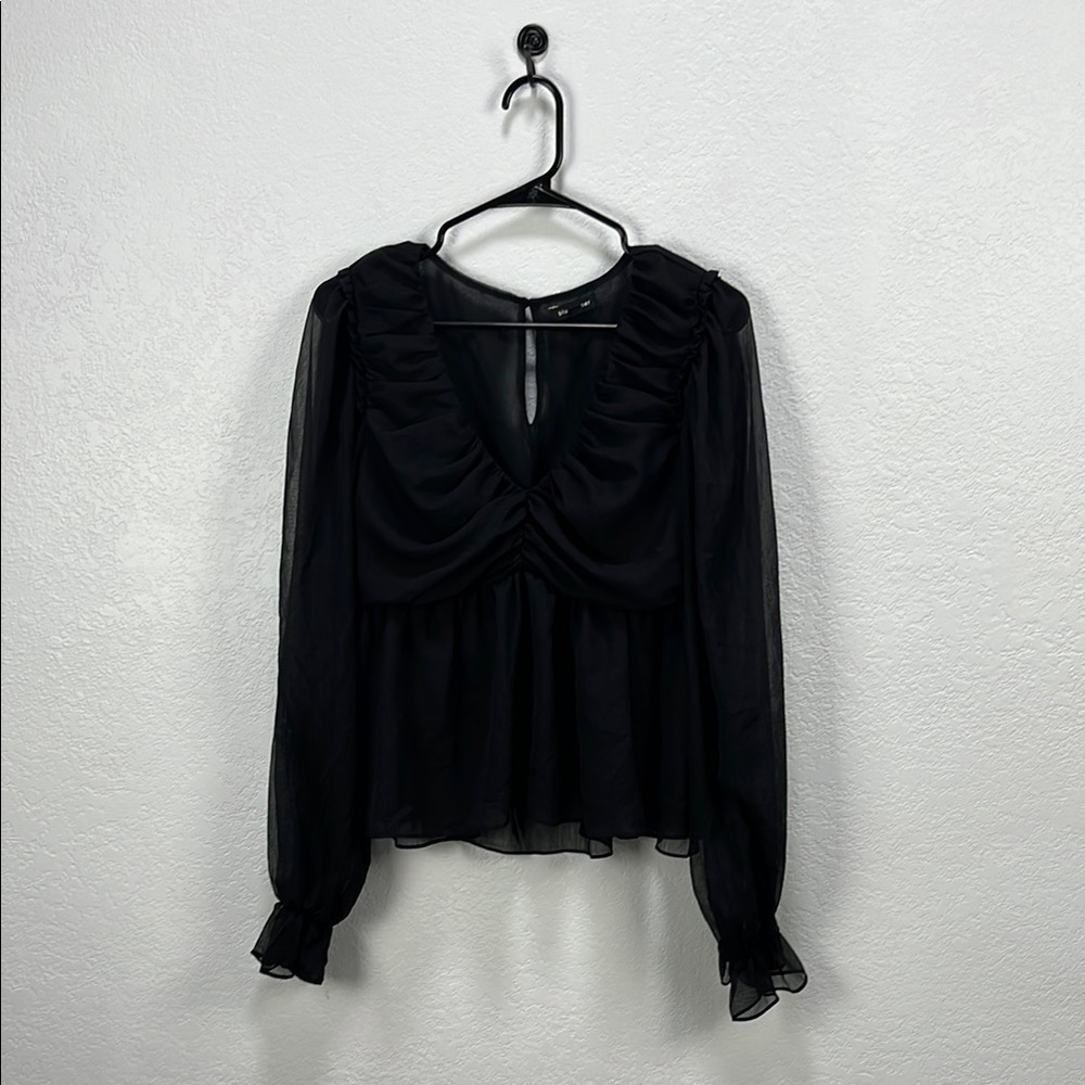 Blu Pepper Black Ruched Ruffled Long Sleeve Blouse Sz L Whimsigoth Witchy TC0600